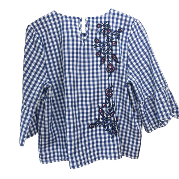 A. Moon Blue & White Gingham Embroidered Floral Top Women’s XL - Picture 3 of 6